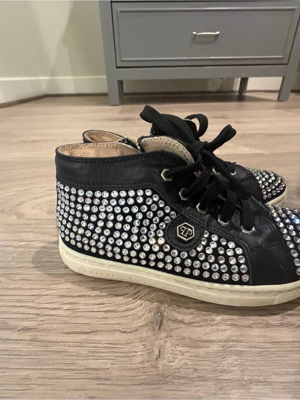 Philipp Plein Kids Black Crystal-Embellished High-Top Sneakers